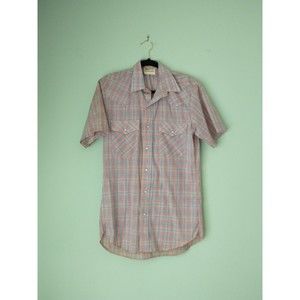 VTG Key Industries Mens Pearl Snap Button Shirt Size 15 Pink Blue Plaid Western